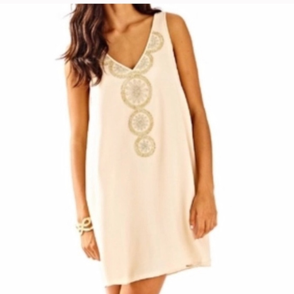 Lilly Pulitzer V neckline Fia Dress in Sand Dune w/ beading pattern Size XS